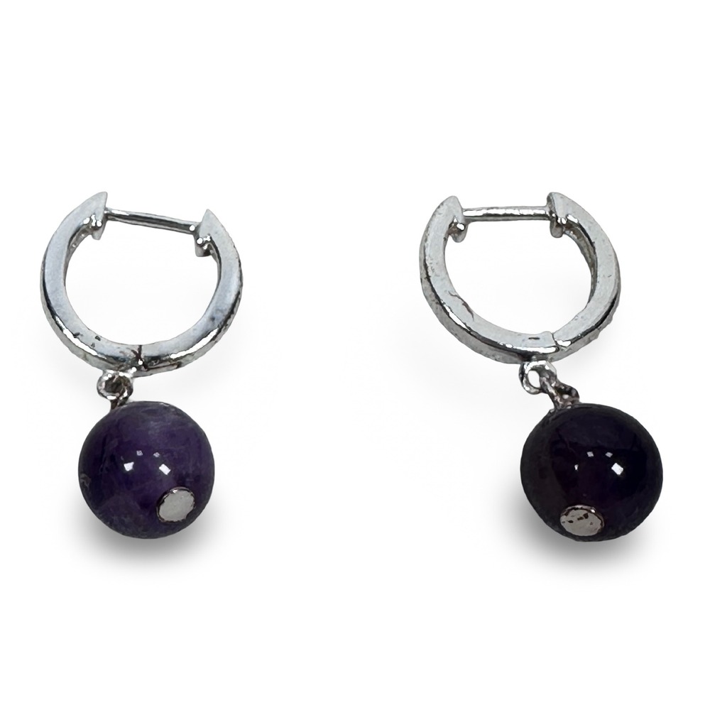 FAS 925 Sterling Silver Purple Amethyst Bead Huggie Hoop Drop Earrings Womens